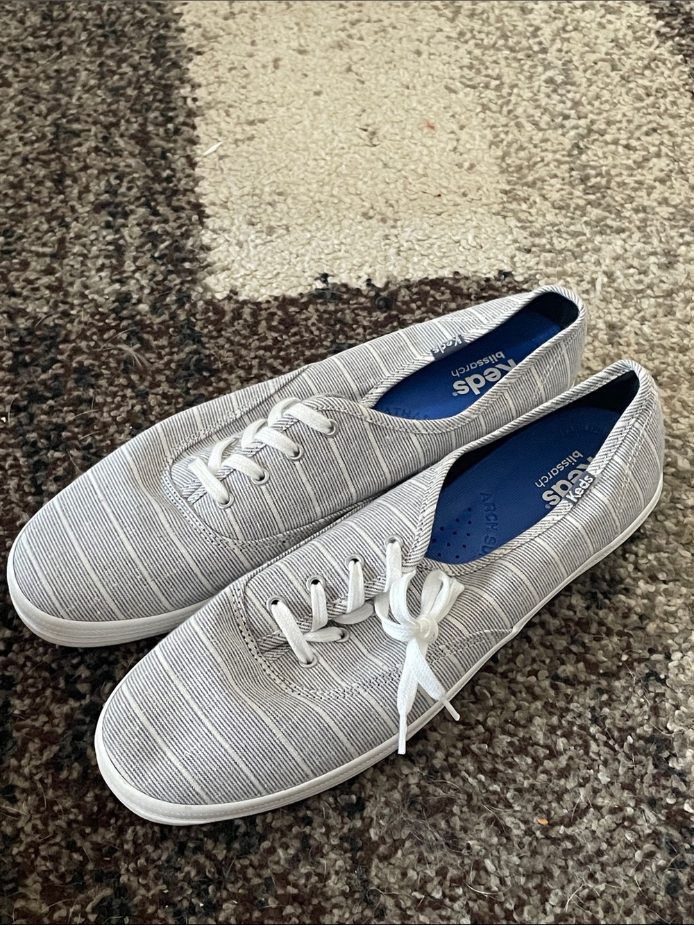 Women’s Keds Striped Canvas Lace-Up Sneakers in Light Gray and White